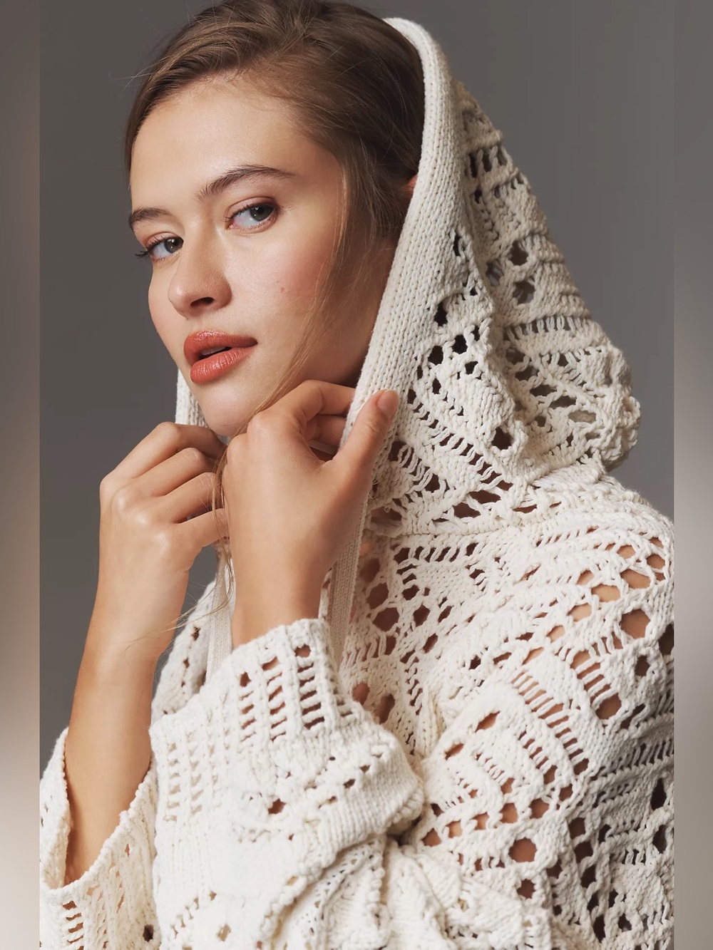 By Anthropologie Boxy Crochet Hooded Sweater Cream Size Small New Boho Festival - Picture 4 of 11